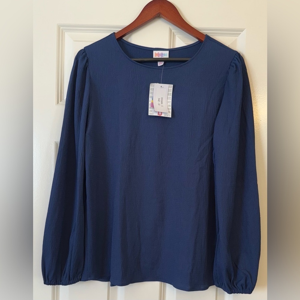 NWT LuLaRoe Vivian Button Back Long Sleeve dark Blue Top Blouse Size Small